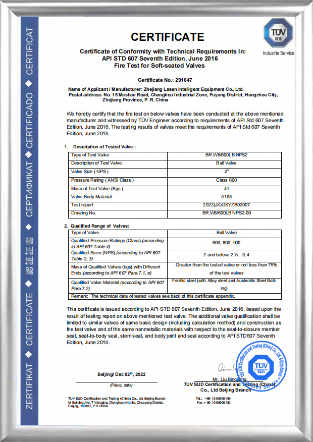 การรับรองอัคคีภัย API 607 ​​(BR.W8/600 LB NPS2)